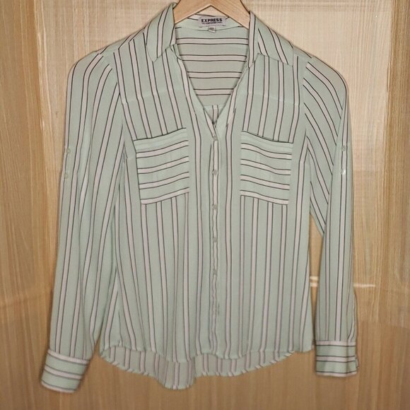 Express Womens The Portfolio Green Striped Blouse XS - Picture 1 of 5